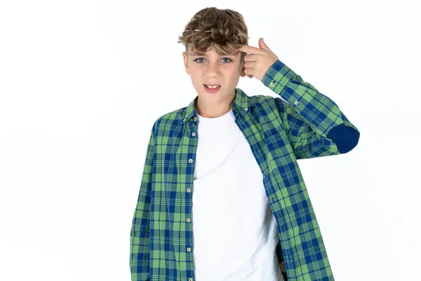Handsome Teen Boy Wearing Plaid Shirt White Background Pointing Unhappy — Stock Photo, Image