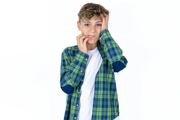 Doleful Desperate Crying Handsome Teen Boy Wearing Plaid Shirt White — Stock Photo, Image