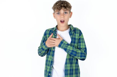 Beyaz arka plan üzerine ekose gömlek giymiş korkmuş yakışıklı bir çocuk korkmuş bir ifadeyle ellerini göğsünde tutuyor, garip bir şey fark etmek için şaşırıyor, millet, sessiz tepki ve duygular..