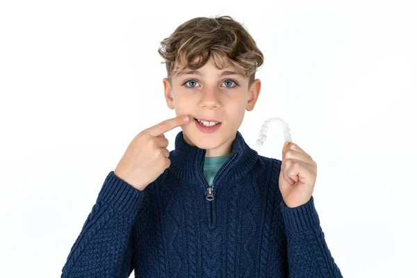 Handsome Caucasian Teen Boy Blue Sweater Holding Invisible Aligner Pointing — Stock Photo, Image