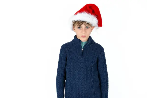 Offended Dissatisfied Handsome Caucasian Teen Boy Blue Sweater Christmas Hat — Stock Photo, Image