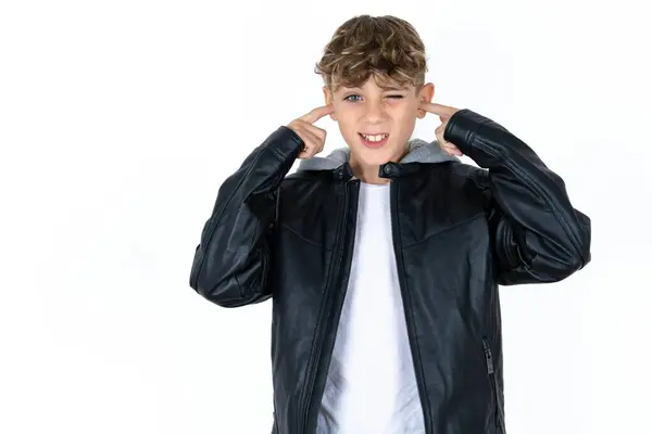 Happy Handsome Teen Boy Leather Jacket Posing White Studio Background — Stock Photo, Image