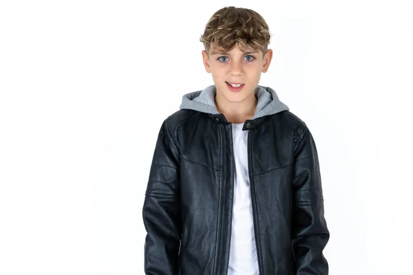 Portrait Dissatisfied Handsome Teen Boy Leather Jacket Posing White Studio — Stock Photo, Image