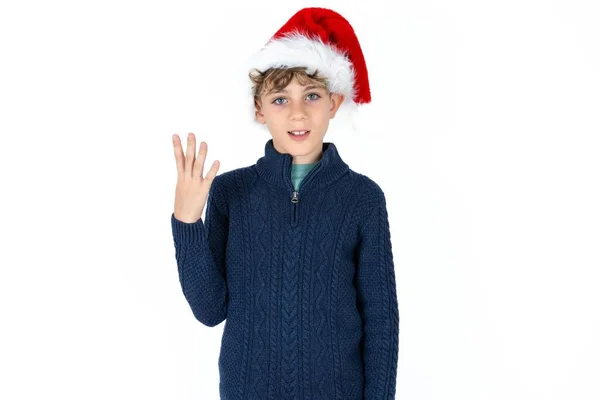 Guapo Caucásico Adolescente Chico Azul Suéter Sombrero Navidad Sonriendo Buscando —  Fotos de Stock