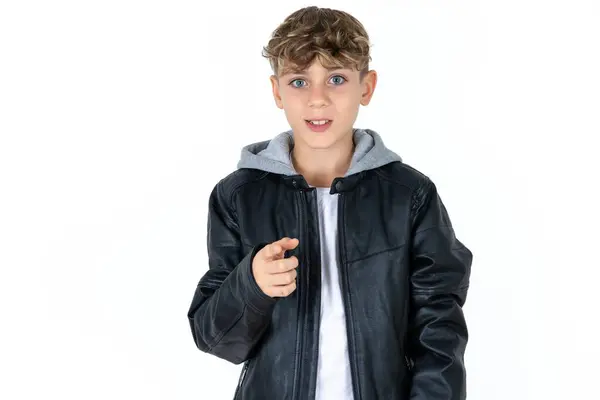Shocked Handsome Teen Boy Leather Jacket Posing White Studio Background — Stock Photo, Image