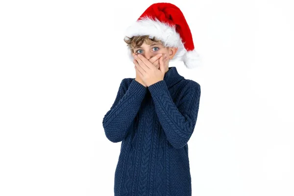 Stunned Handsome Caucasian Teen Boy Blue Sweater Christmas Hat Covers — Stock Photo, Image
