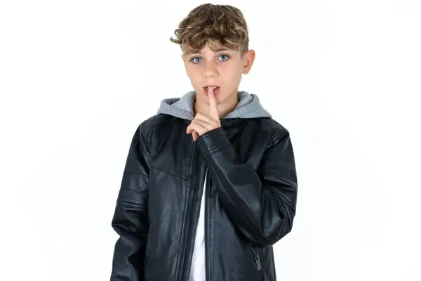 Surprised Handsome Teen Boy Leather Jacket Posing White Studio Background — Stock Photo, Image