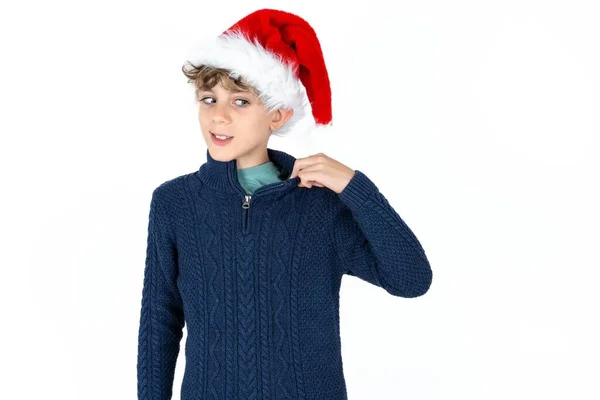 Handsome Caucasian Teen Boy Blue Sweater Christmas Hat Stressed Anxious — Stock Photo, Image