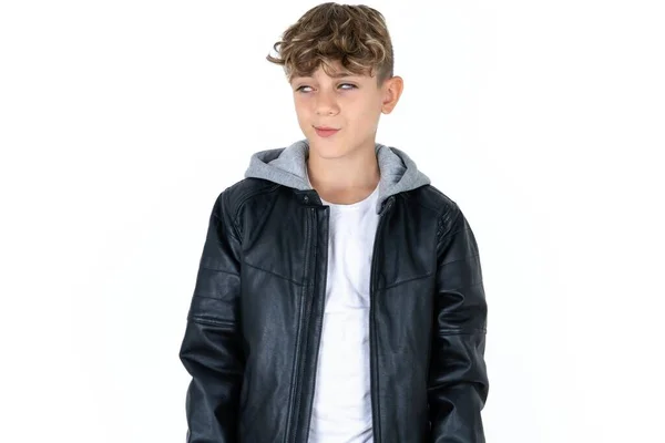 Dissatisfied Handsome Teen Boy Leather Jacket Posing White Studio Background — Stock Photo, Image