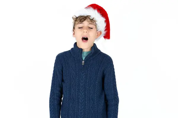 Handsome Caucasian Teen Boy Blue Sweater Christmas Hat Yawns Opened — Stock Photo, Image