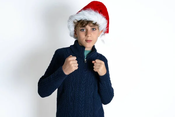 Displeased Annoyed Handsome Caucasian Teen Boy Blue Sweater Christmas Hat — Zdjęcie stockowe