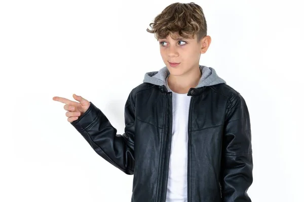 Handsome Teen Boy Leather Jacket Posing White Studio Background Points — Stock Photo, Image