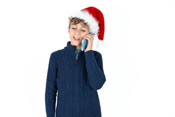 Funny Handsome Caucasian Teen Boy Blue Sweater Christmas Hat Laughs — Stock Photo, Image
