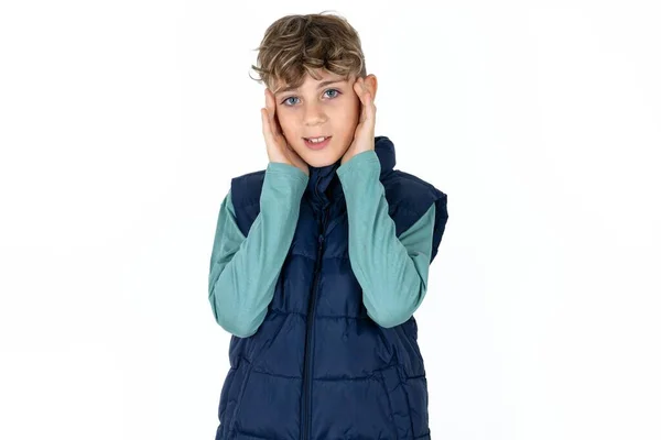 Happy Handsome Caucasian Teen Boy Blue Vest Touches Both Cheeks — Stock Photo, Image