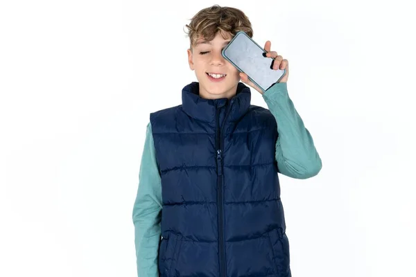 Handsome Caucasian Teen Boy Blue Vest Holding Modern Smartphone Covering — Stock Photo, Image