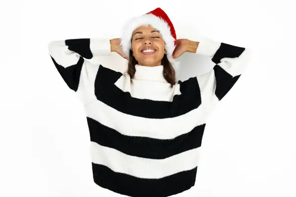 Close Portrait Young Beautiful Woman Wearing Striped Sweater Santa Claus — Stock Photo, Image