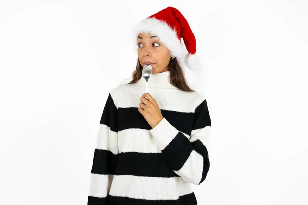 Very Hungry Young Beautiful Woman Wearing Striped Sweater Santa Claus — Stock Photo, Image