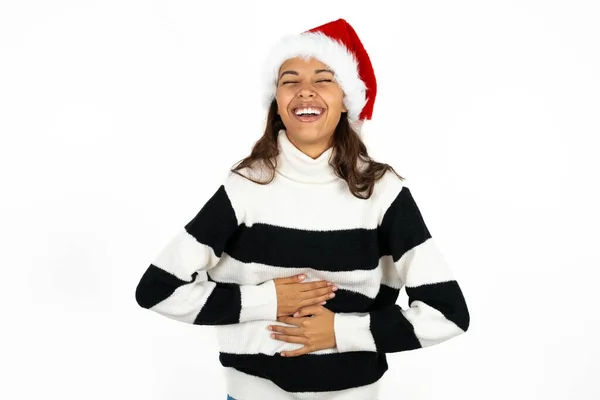 Joven Hermosa Mujer Con Suéter Rayas Sombrero Santa Claus Sonriendo —  Fotos de Stock
