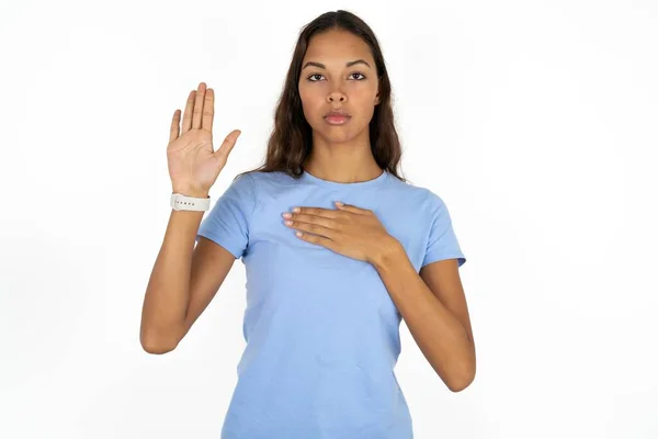 Young Beautiful Hispanic Woman Wearing Blue Shirt White Background Swearing — Stock Photo, Image