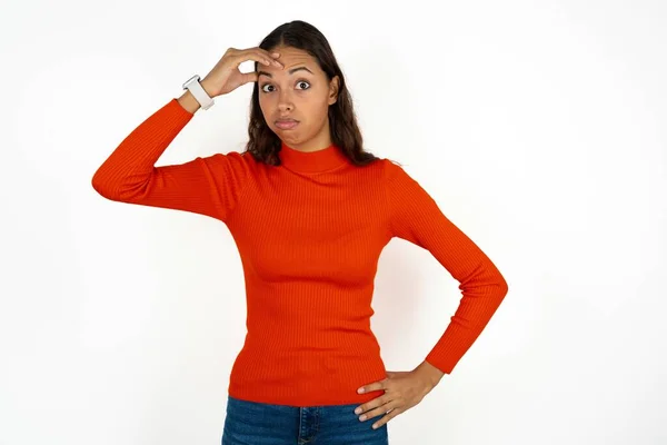 Young Hispanic Woman Wearing Red Turtleneck White Background Having Problems — Stock Photo, Image
