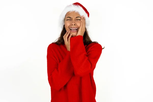 Doleful Desperate Crying Young Beautiful Woman Wearing Red Sweater Santa — Stock Photo, Image