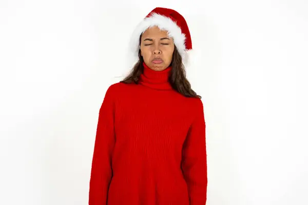Dismal Gloomy Rejected Young Beautiful Woman Wearing Red Sweater Santa — Stock Photo, Image