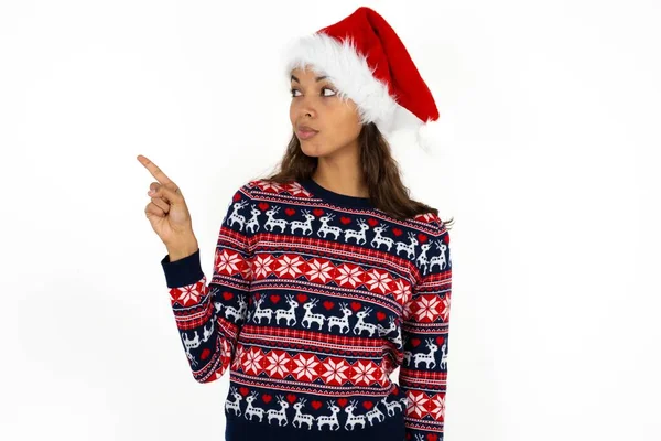 Beautiful Hispanic Woman Wearing Knitted Sweater Santa Claus Hat White — Stock Photo, Image