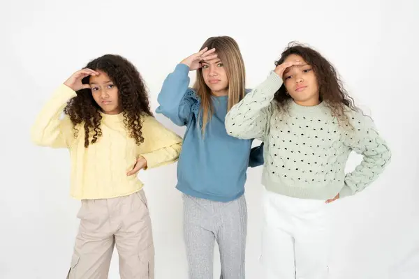 Three Young Beautiful Multiracial Kid Girls Having Problems Worried Stressed — Stock Photo, Image