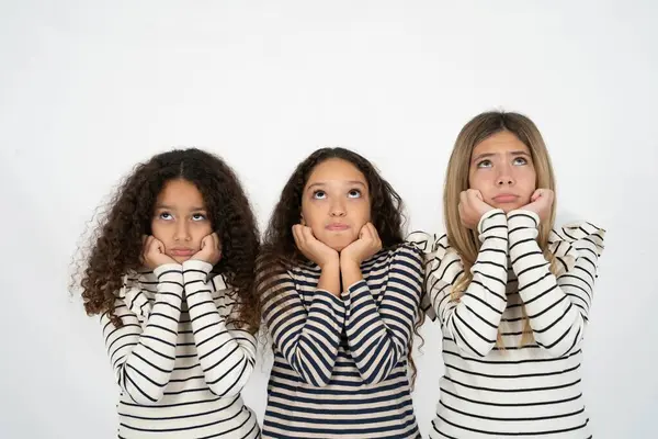 Portrait Sad Three Young Beautiful Multiracial Kid Girls Hands Face — Stock Photo, Image
