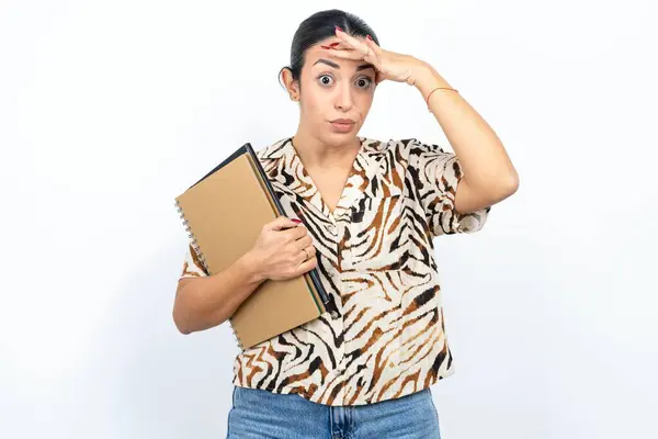 Beautiful Arab Woman Student Carries Notebooks White Background Having Problems — Stock Photo, Image