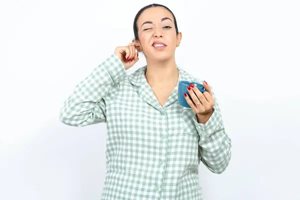 Happy Beautiful Young Woman Wearing Green Plaid Pyjama Holding Cup — Stock Photo, Image