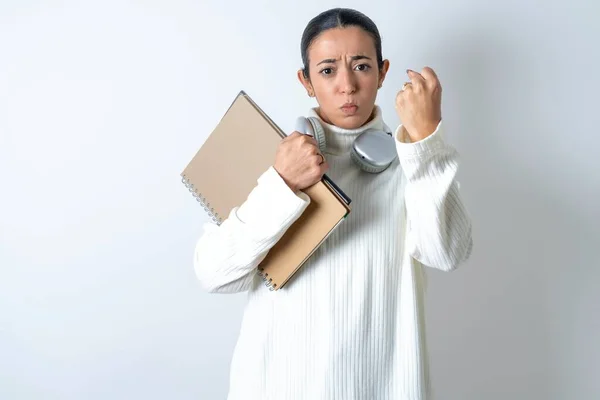 Displeased Annoyed Beautiful Arab Woman Student Carries Notebooks White Background — Stock Photo, Image