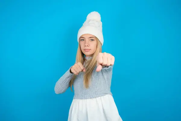 Beautiful Kid Girl Wearing White Knitted Hat Blue Sweater Punching — Stock Photo, Image