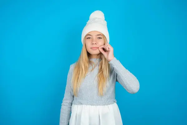 Beautiful Kid Girl Wearing White Knitted Hat Blue Sweater Mouth — Stock Photo, Image