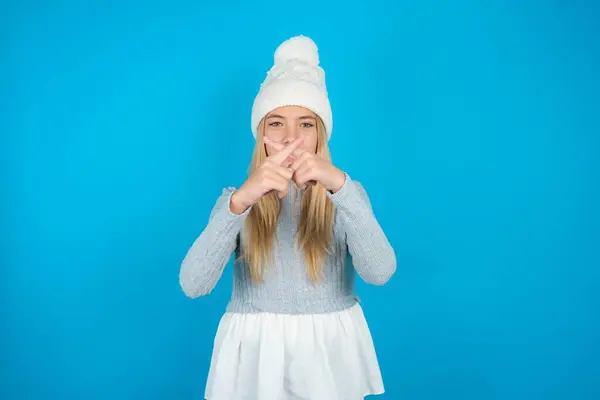 Beautiful Kid Girl Wearing White Knitted Hat Blue Sweater Has — Stock Photo, Image