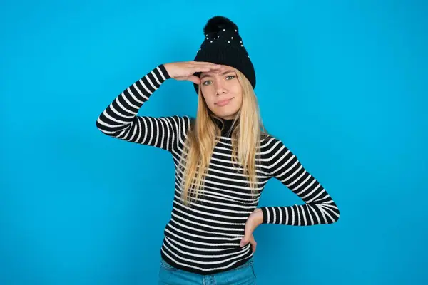 Beautiful Kid Girl Wearing Knitted Black Hat Striped Turtleneck Blue — Stock Photo, Image