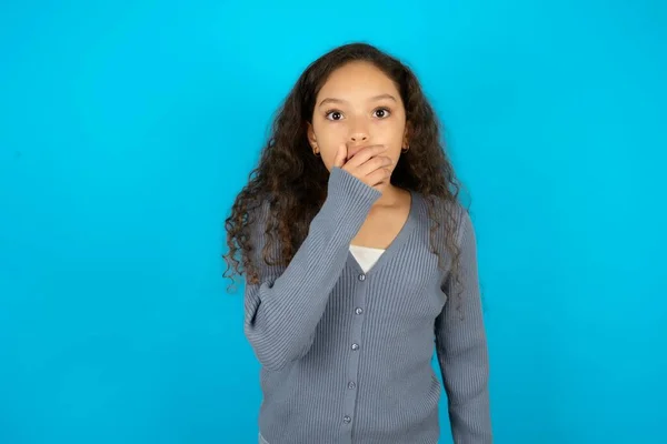 Emotional Beautiful Kid Girl Wearing Casual Jacket Blue Background Gasps — Stock Photo, Image