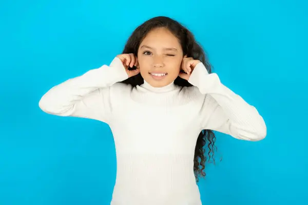 Happy Beautiful Kid Girl Wearing White Turtleneck Blue Background Ignores — Stock Photo, Image