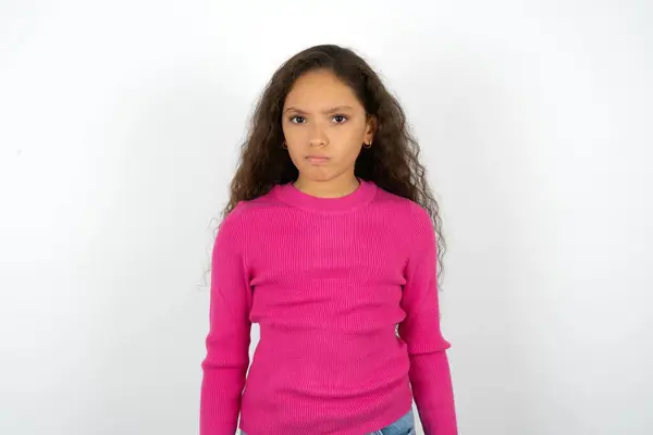 Offended Dissatisfied Beautiful Kid Girl Wearing Pink Turtleneck White Background — Stock Photo, Image