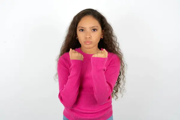Displeased Annoyed Beautiful Kid Girl Wearing Pink Turtleneck White Background — Stock Photo, Image