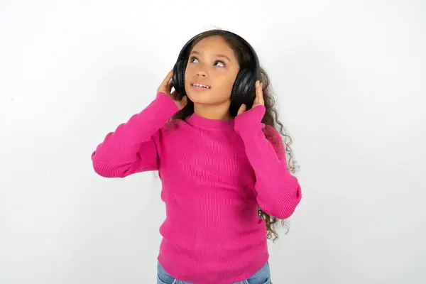 Joyful Beautiful Kid Girl Wearing Pink Turtleneck White Background Sings Stock Image