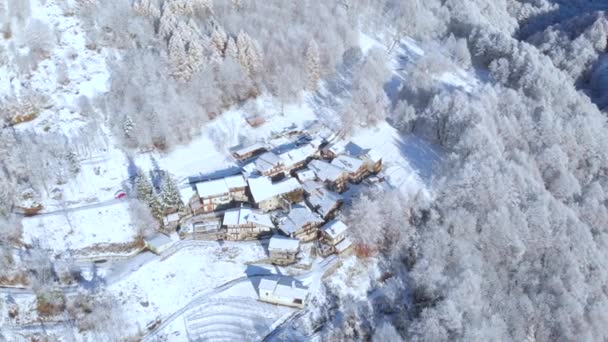Aerial View Snowcapped Mountains Scenic Valley Idyllic Mountain Village Alpine — Vídeo de stock