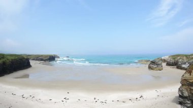 Katedrais sahili Galiçya 'da sular çekildiğinde İspanya kumtaşı gelgit havuzlarını gökyüzü kayalıklarını yansıtan geniş kayalıklar parlak ışık altında barışçıl doğal merak altında uzanır.