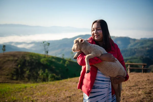 若いアジアの女性が密接に小さな子羊を抱えています羊の農場で美しい風景と朝 — ストック写真