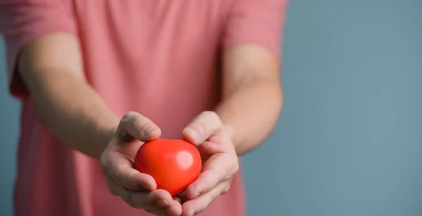 stock image Hands holding and giving red heart for love, health care, organ donation, world heart day, world health day, mindfulness, well being, family insurance concept