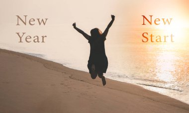 2023 New Year new Start, Healthy woman kick splashing water at sunrise. Relaxation and happy life time.  clipart