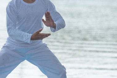 Young man practicing traditional Tai Chi Chuan, Tai Ji  and Qi gong in the park for healthy, traditional chinese martial arts concept on natural background . clipart