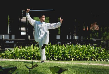 Genç adam geleneksel Tai Chi kılıcını uyguluyor, Tai Ji parkta sağlıklı, geleneksel Çin dövüş sanatları konsepti için doğal arka planda. .