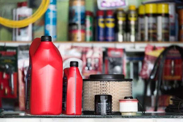 Oil filter, Air Filter, Oil lubricant, Fuel Filter and Cabin Filter  in the auto parts shop.