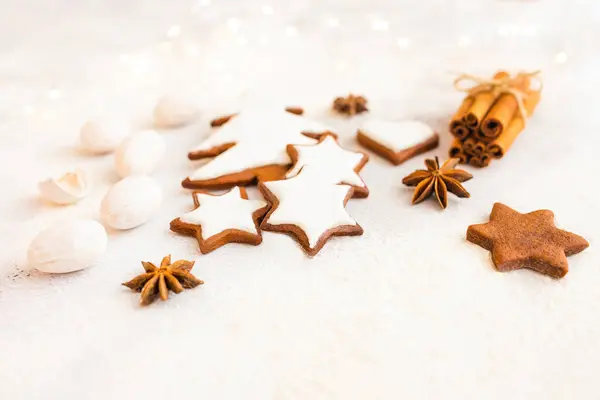 stock image Baking Christmas gingerbread with white decor. Preparing homemade gingerbread for the holidays. Cristmas concept. 